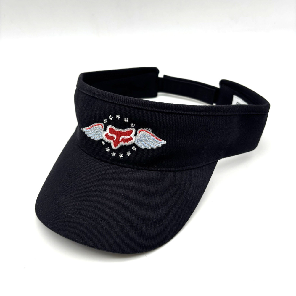 Vintage Y2K Fox Racing Black Canvas Winged Logo Rhinestone Stars Visor OSFM